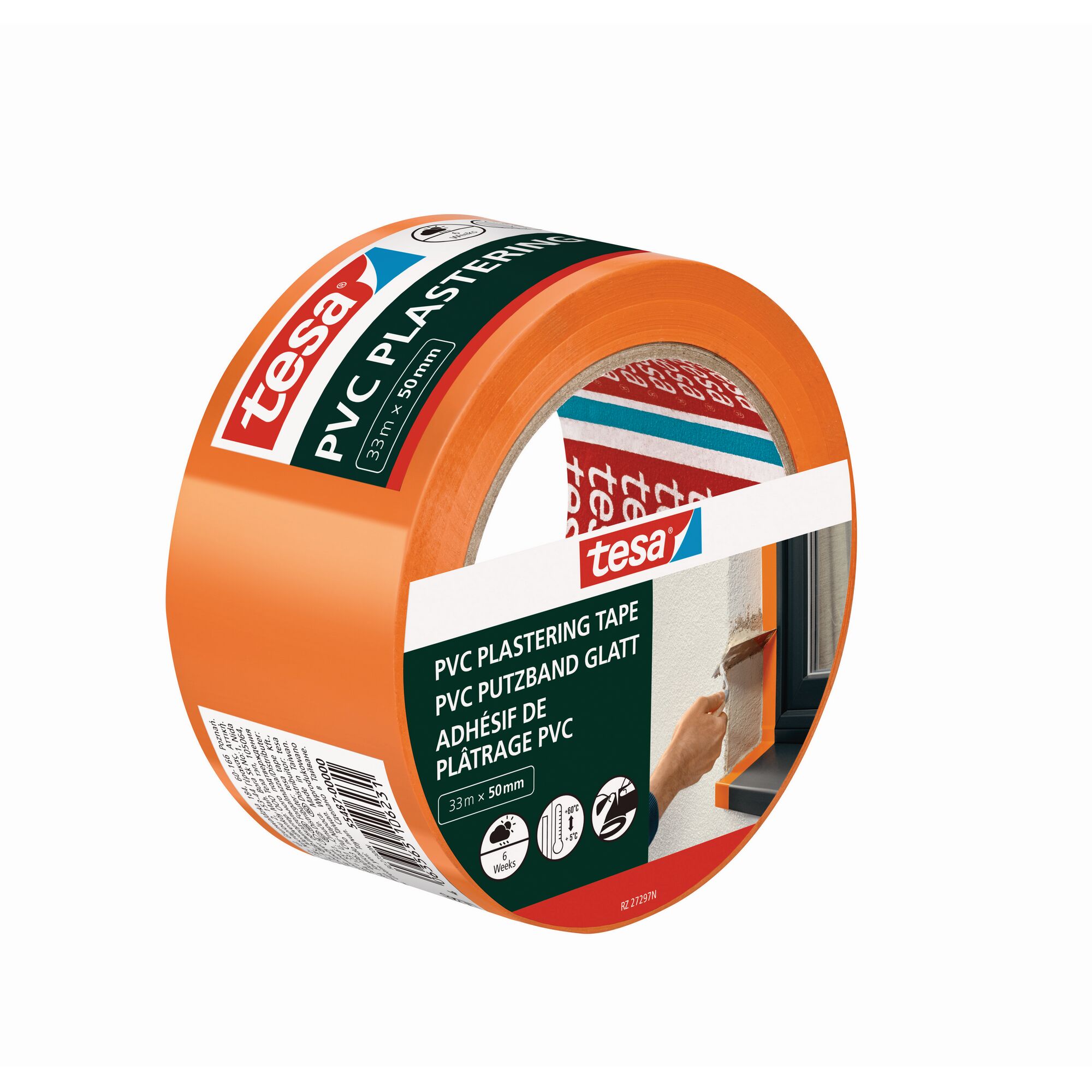 Tesa PVC Putzband glatt, orange, 33 m x 50 mm, Person verwendet Spachtel