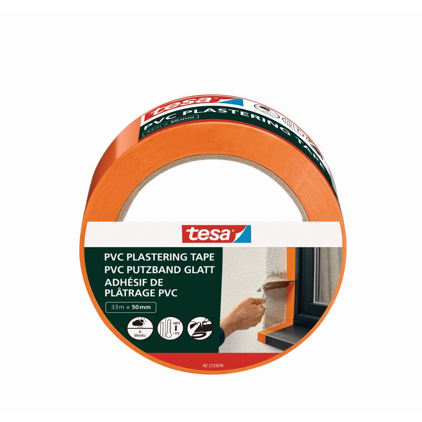 Tesa PVC Putzband glatt, orange, beim Verputzen eines Fensters