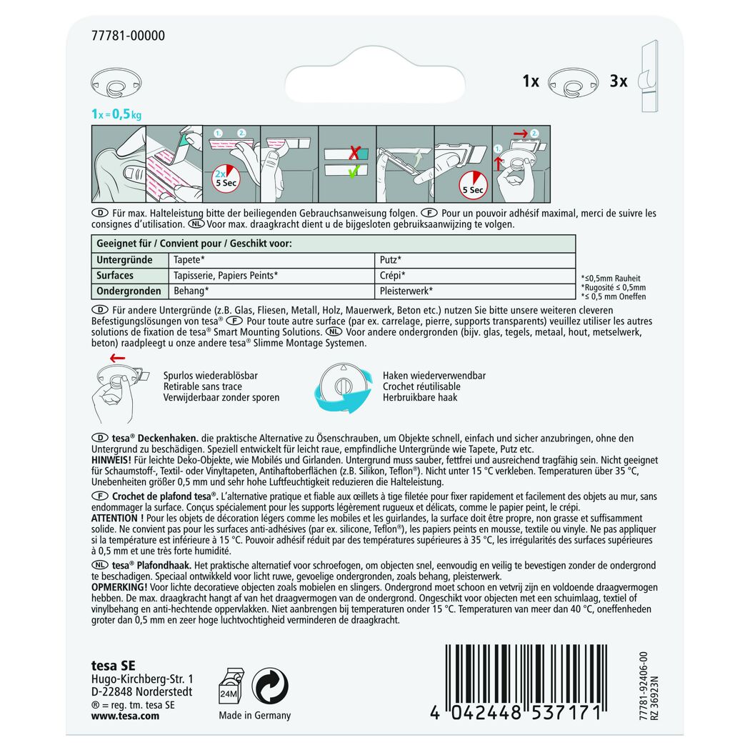 Tesa Deckenhaken, 1 Stück, weiß, Montageanleitung