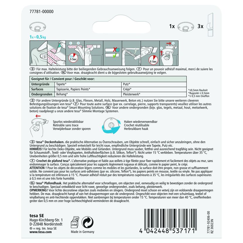 Tesa Deckenhaken, 1 Stück, weiß, Montageanleitung