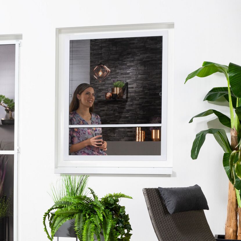 Person schaut durch ein Fenster mit Fliegengitter.
