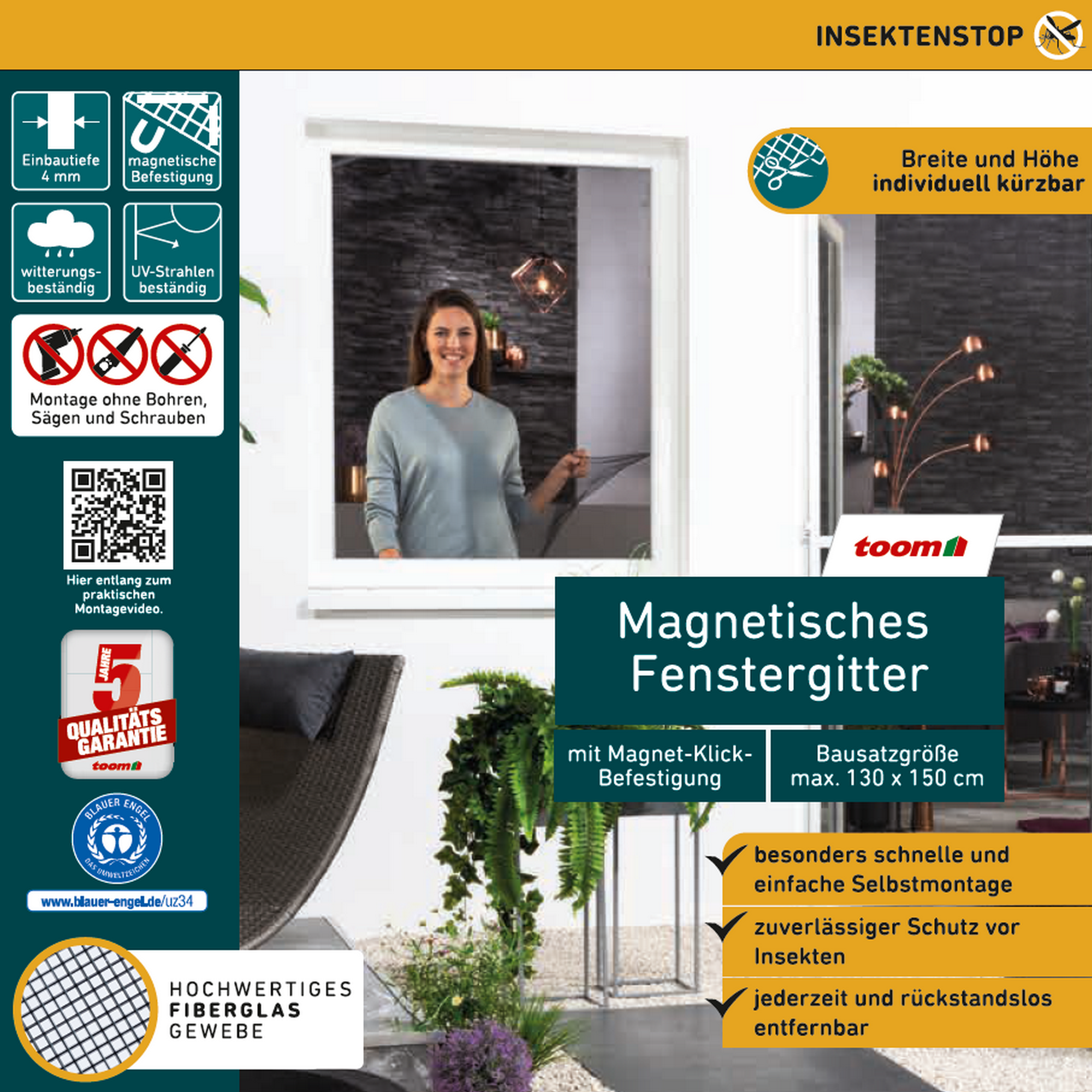 Insektenschutz 'Magnetisches Fenstergitter Deluxe' max. 130 x 150 cm