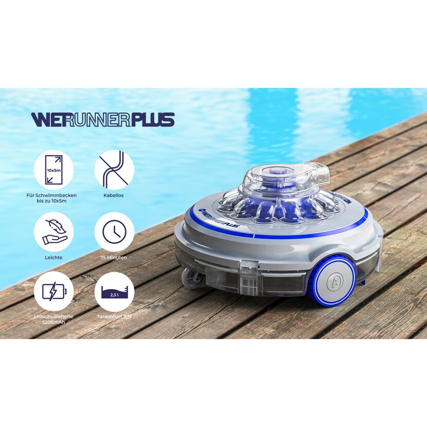 Poolreinigungsroboter Werunner Plus neben einem Pool