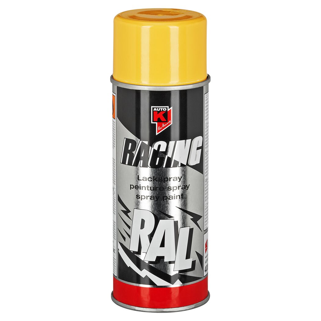 Gelbe Sprühdose mit schwarzem Etikett und der Aufschrift "RAL"