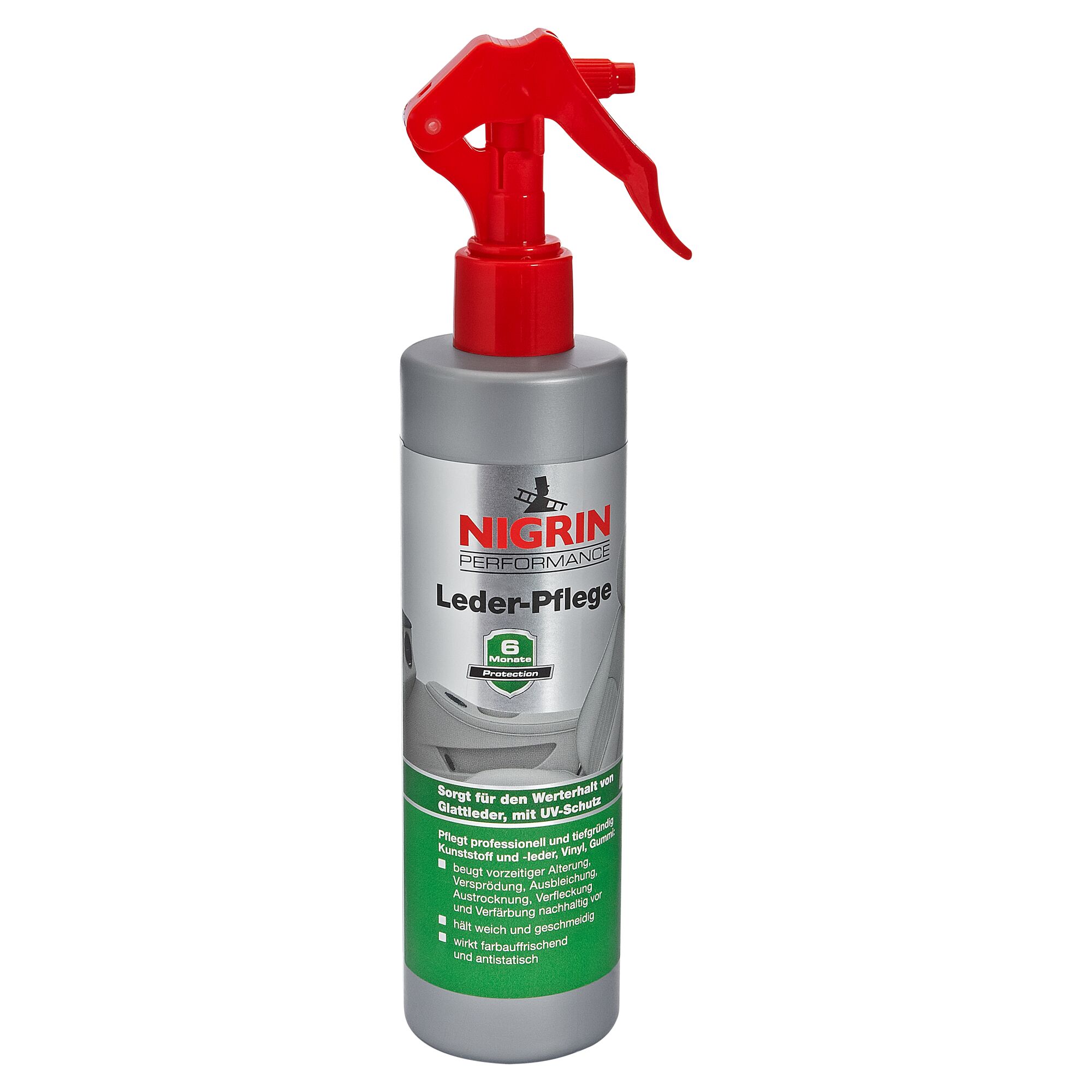 Flasche Nigrin Lederpflege mit rotem Sprühkopf.