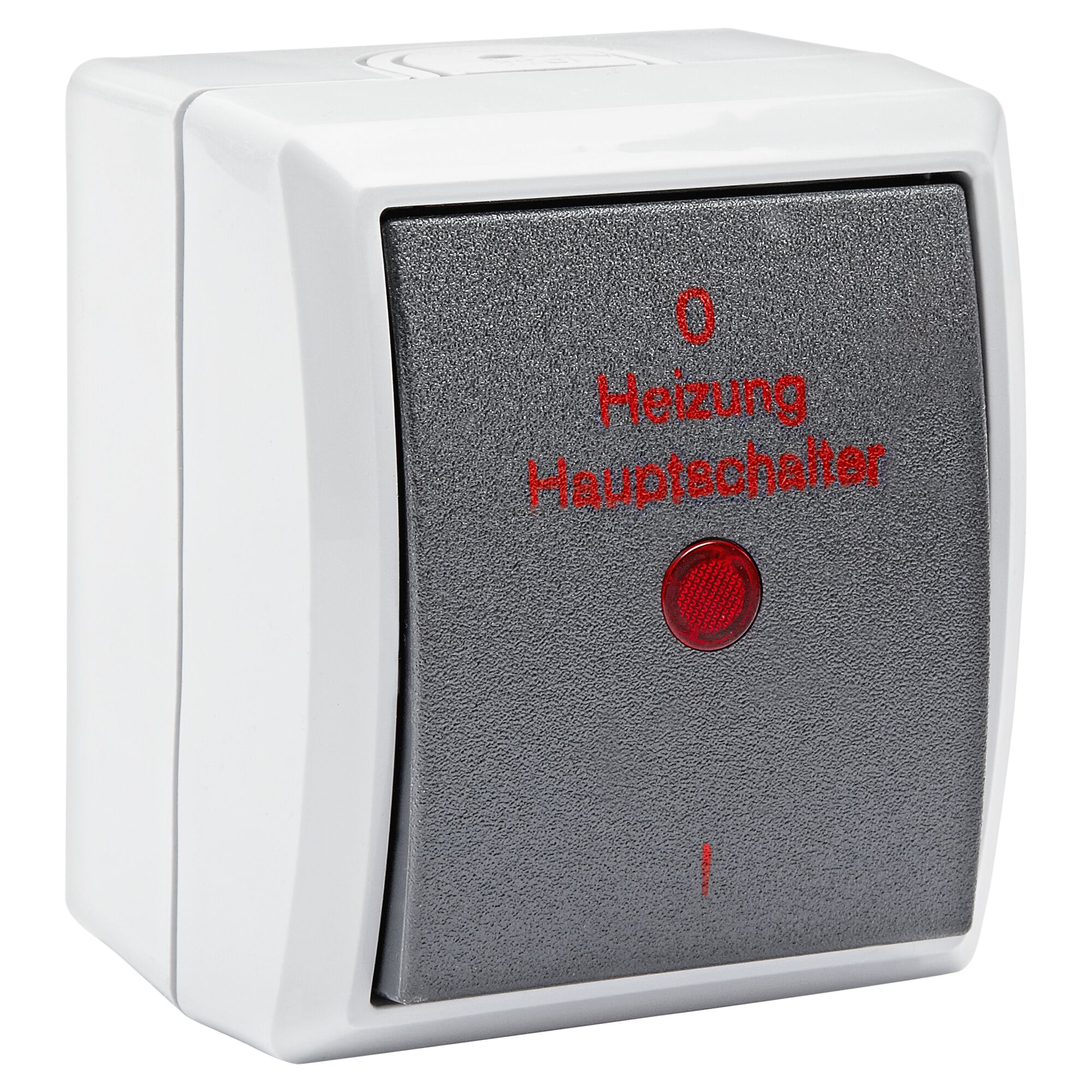 Grauer Heizungshauptschalter mit roter Kontrollleuchte.