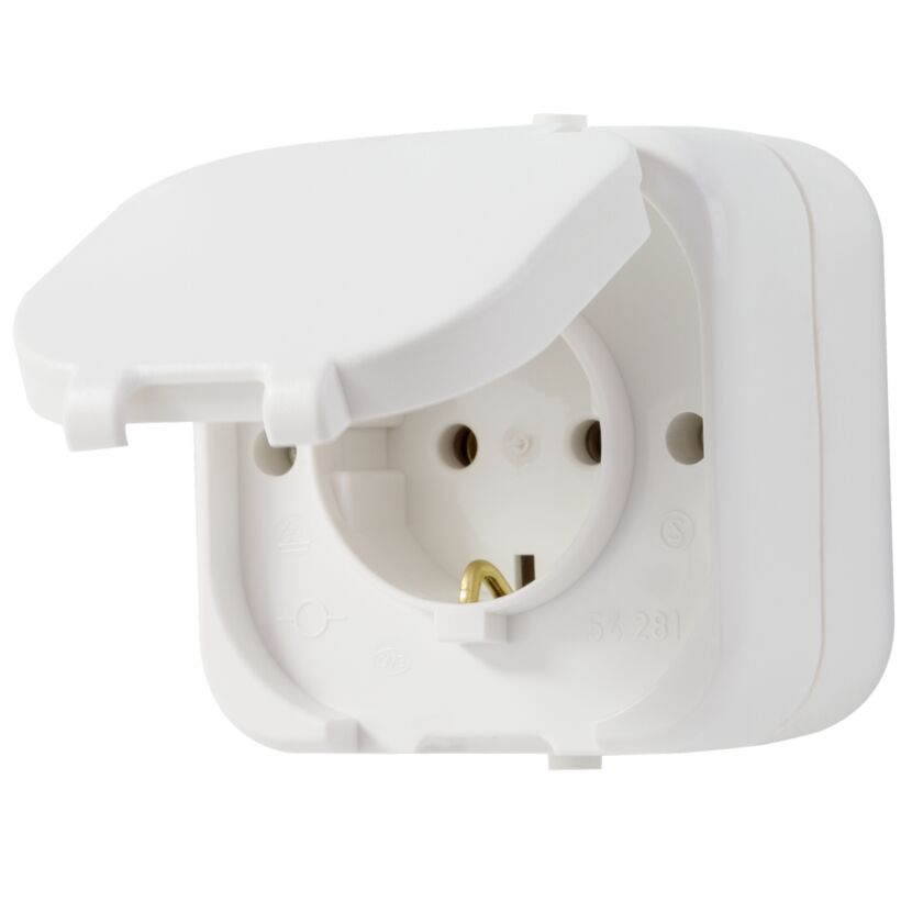 Weiße AP-Steckdose IP44 Aqua Top mit geöffnetem Deckel