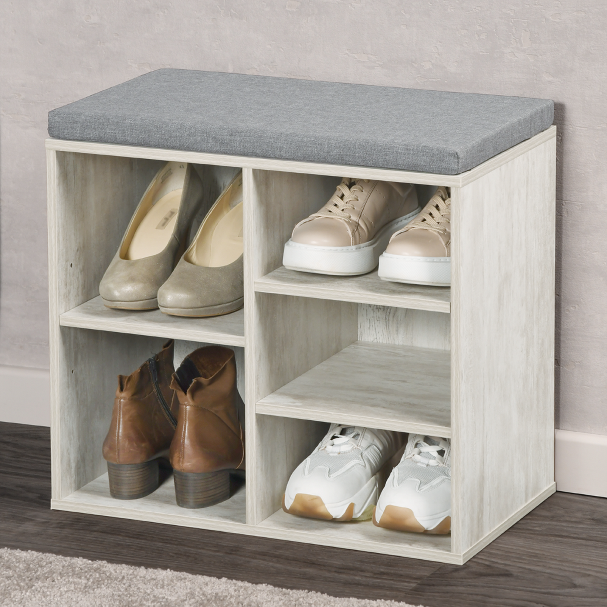 Schuhschrank weiß gekälkt mit Sitzkissen 51,5 x 48 x 29,5 cm + product picture