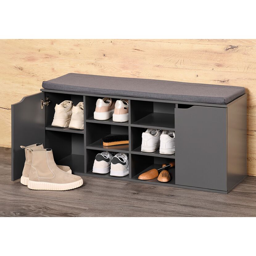 Grauer Schuhschrank mit Schuhen und Schuhbürste