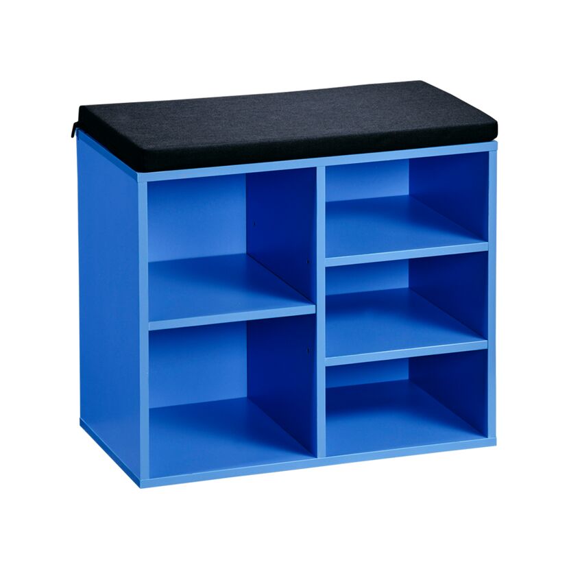 Blaues Sitzregal mit fünf Fächern