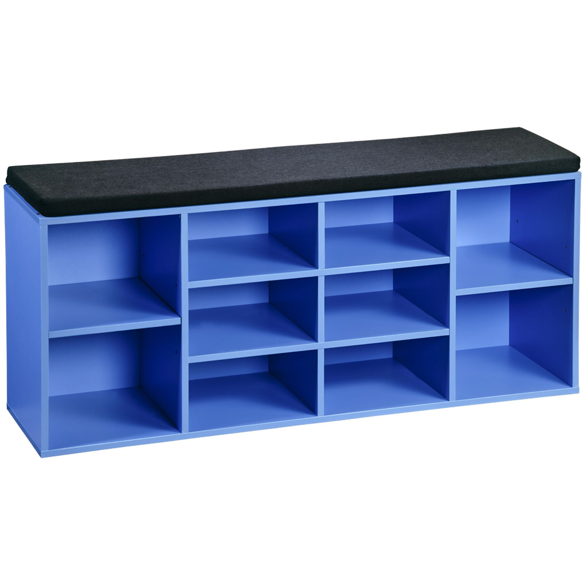 Blaues Aufbewahrungsmöbel mit Sitzfläche
