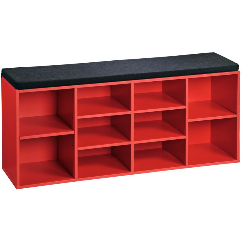 Rotes Aufbewahrungsmöbel mit Sitzfläche
