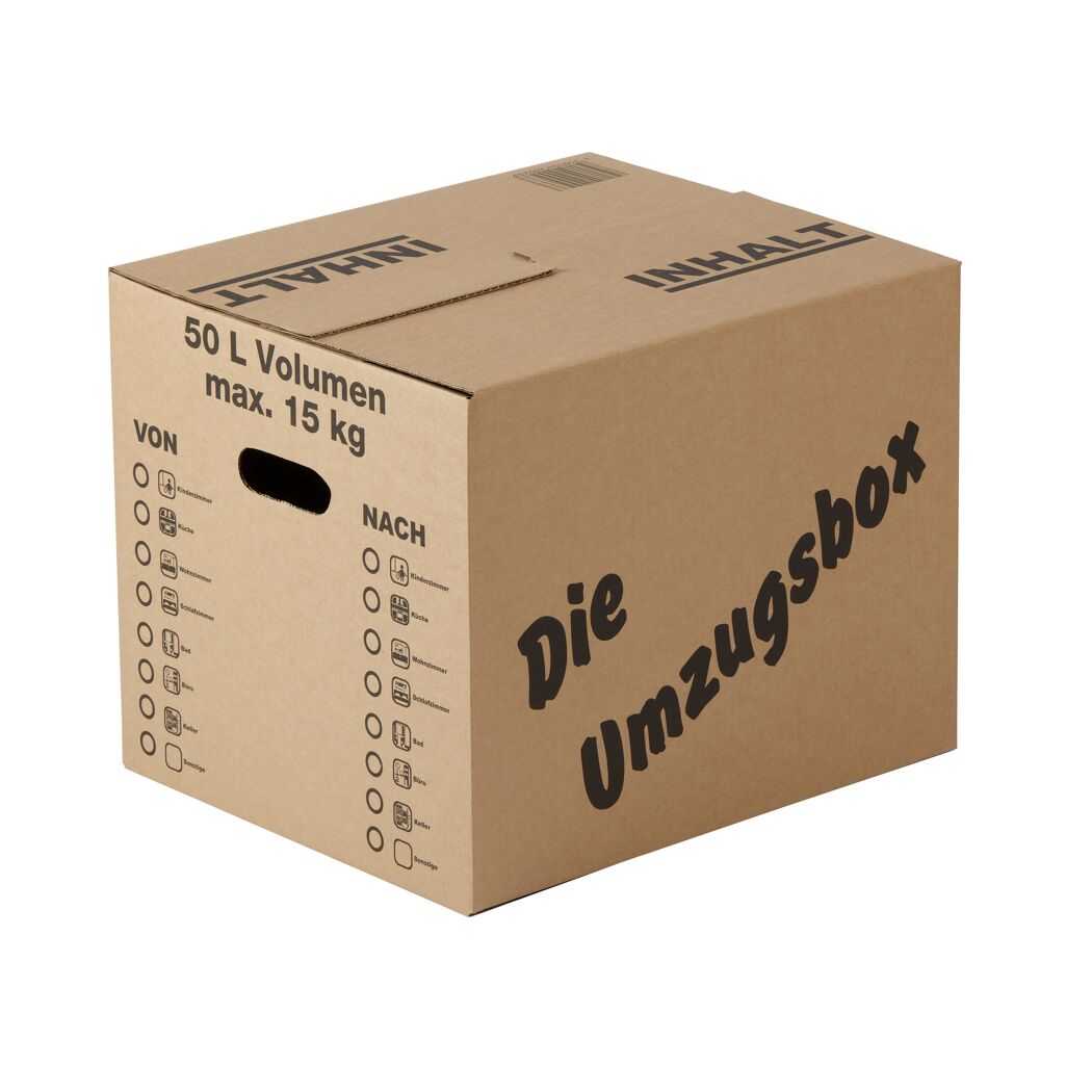 Brauner Umzugskarton mit Beschriftungsfeldern