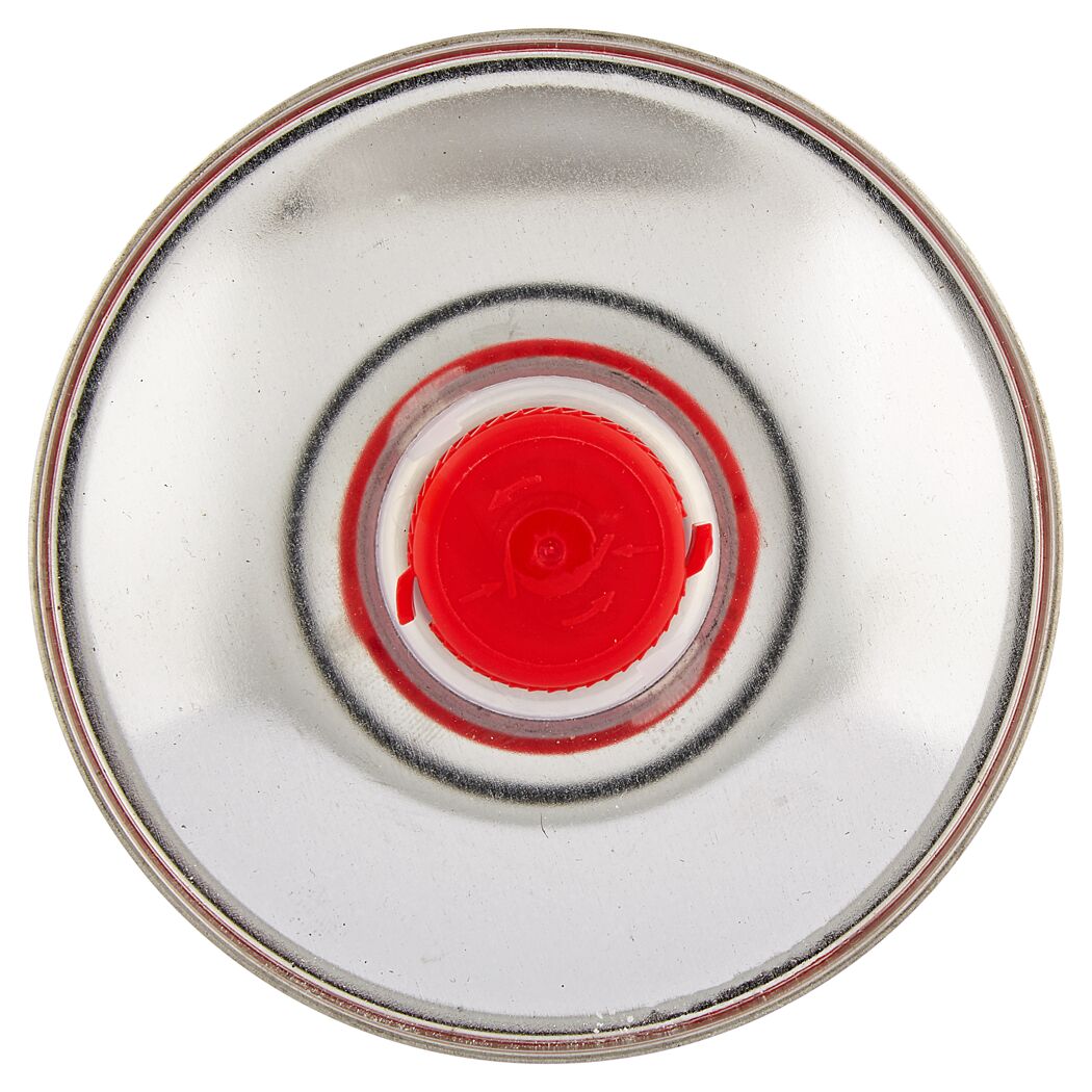 Metalldose mit rotem Deckel von oben