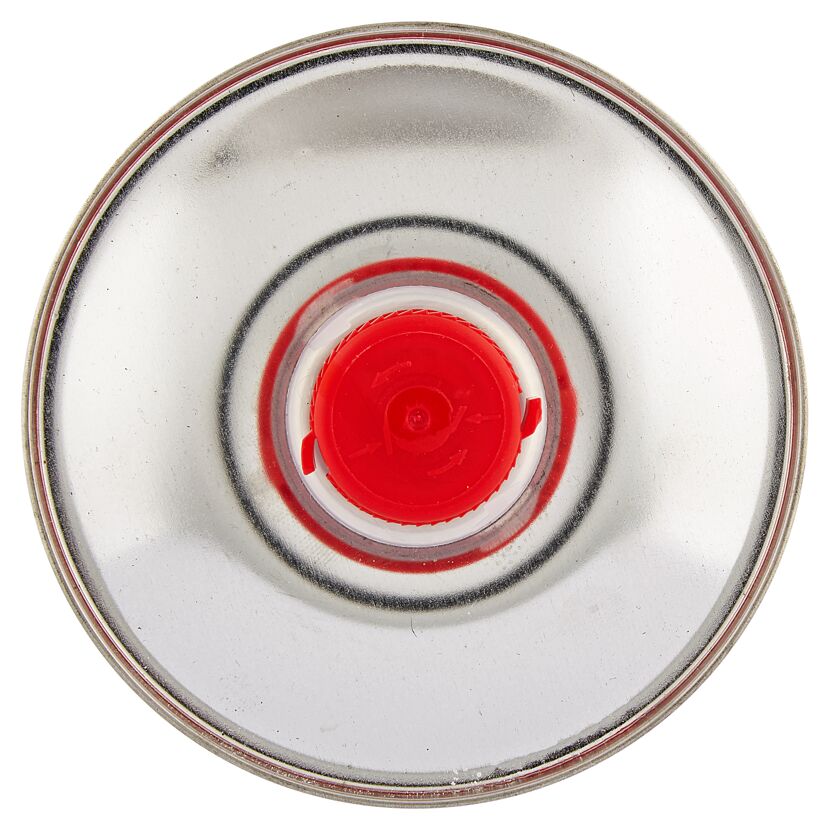 Metalldose mit rotem Deckel von oben