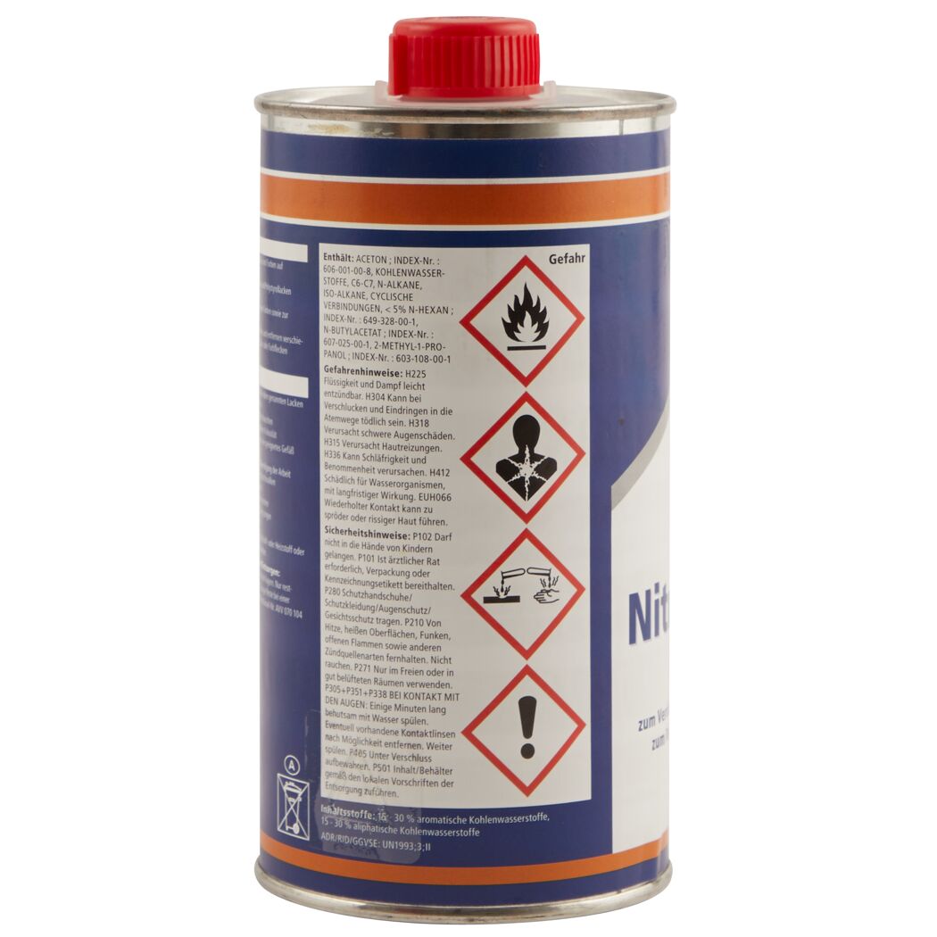 Metalldose mit Nitro-Verdünner und Gefahrenhinweisen.