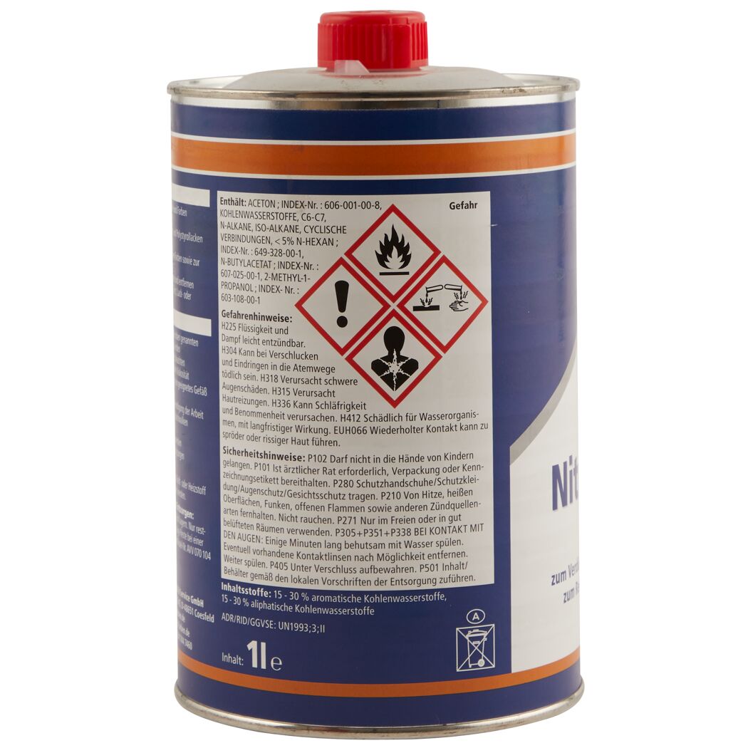 Metalldose mit Nitro-Verdünnung und Gefahrenhinweisen.