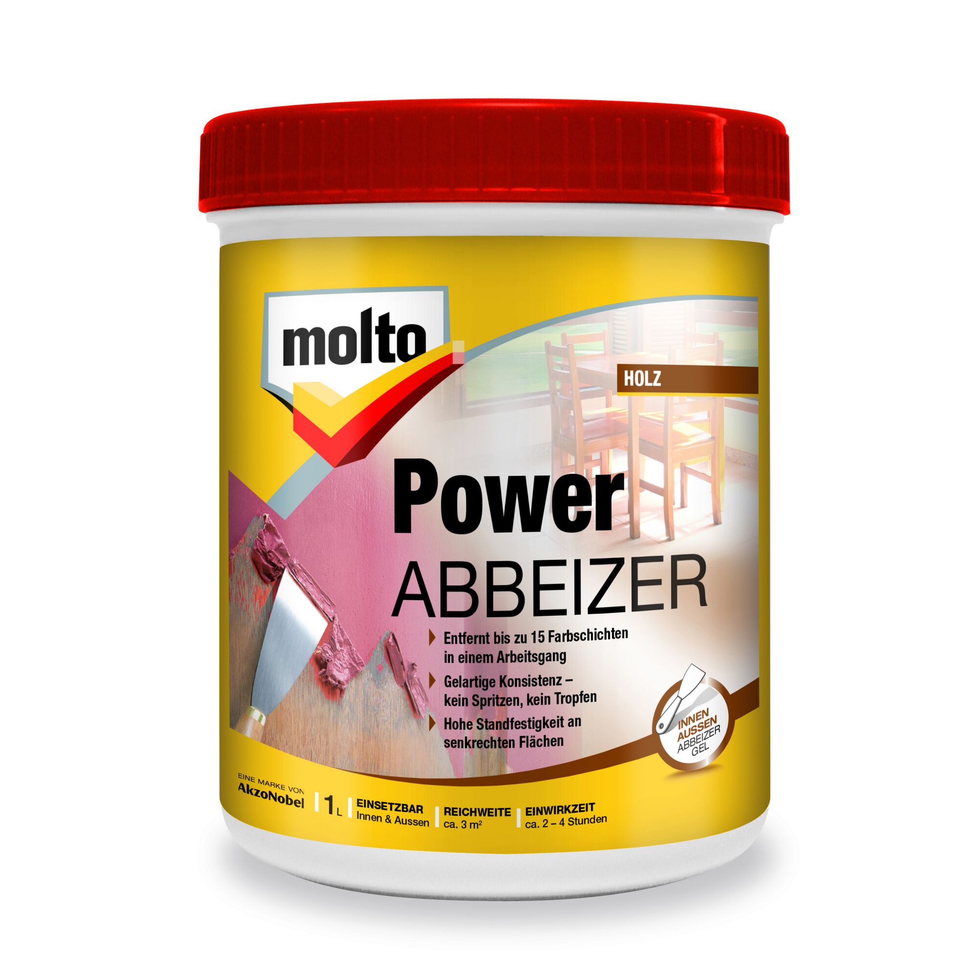 Molto Power Abbeizer im 1L-Eimer, ein Spachtel trägt es auf Holz auf.