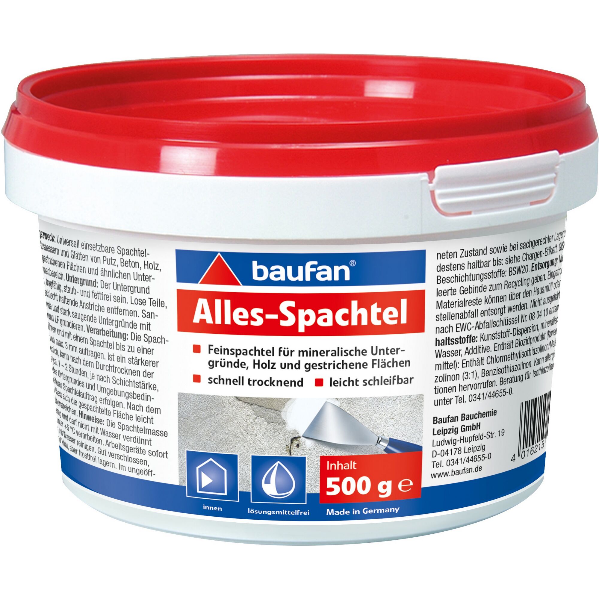 Weißer Eimer Alles-Spachtel von Baufan mit Spachtel