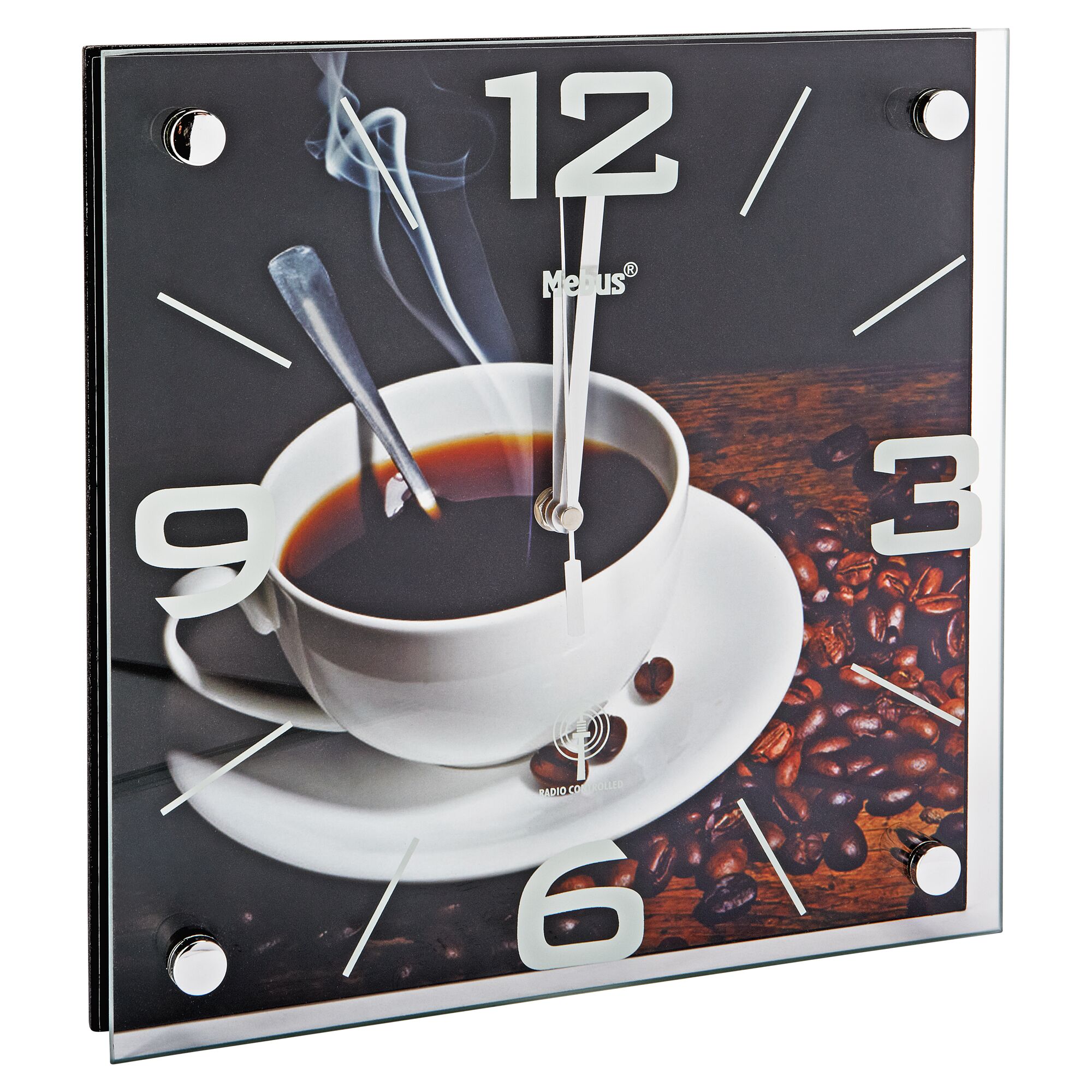 Funkuhr mit Kaffeetasse und Kaffeebohnen