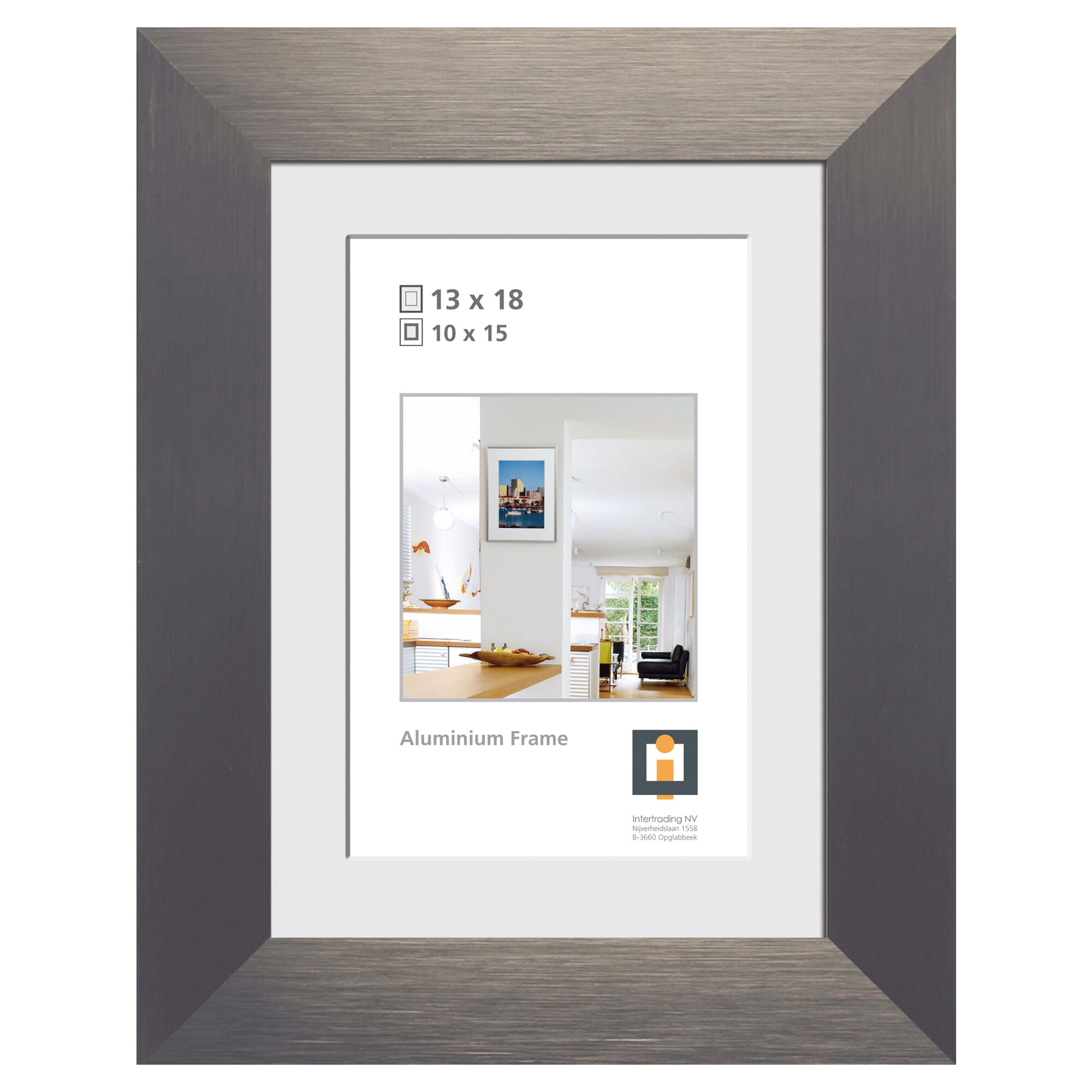 Silberner Aluminiumrahmen für Bilder im Format 13 x 18 oder 10 x 15 cm.