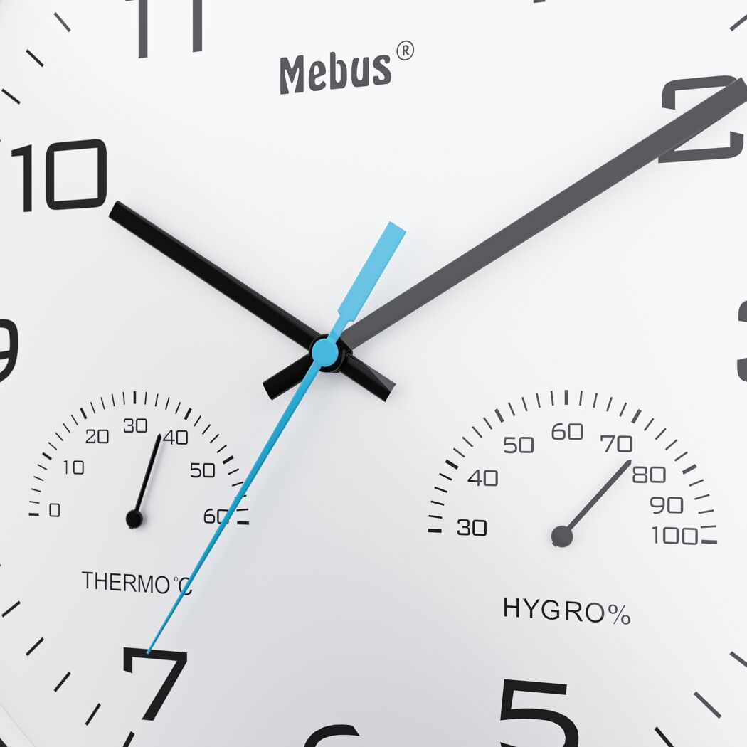 Weiße Wanduhr mit Thermometer und Hygrometer