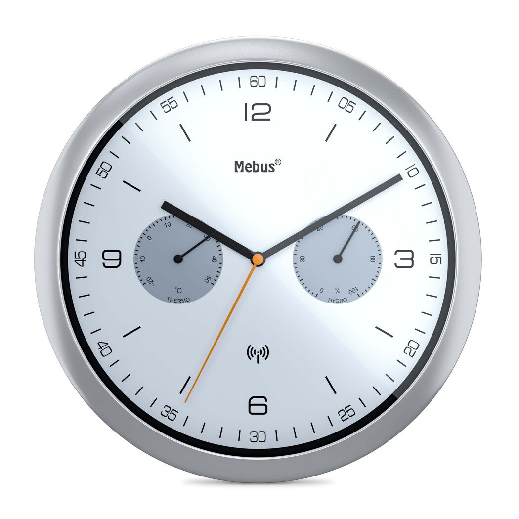 Silberne Funk-Wanduhr Mebus mit Thermometer und Hygrometer