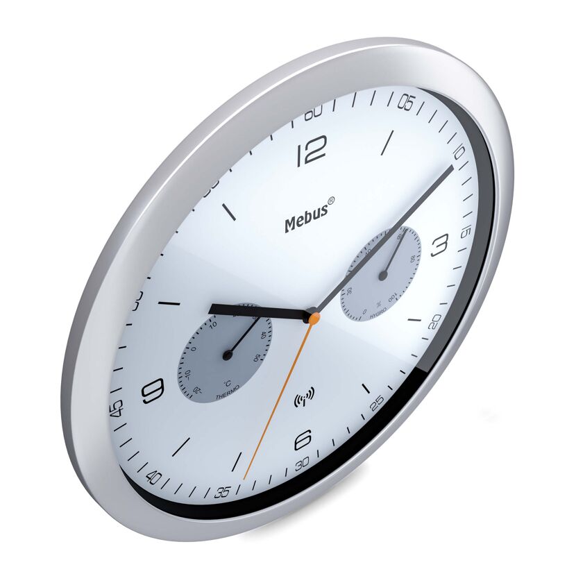 Weiße Funk-Wanduhr von Mebus mit silbernem Rand