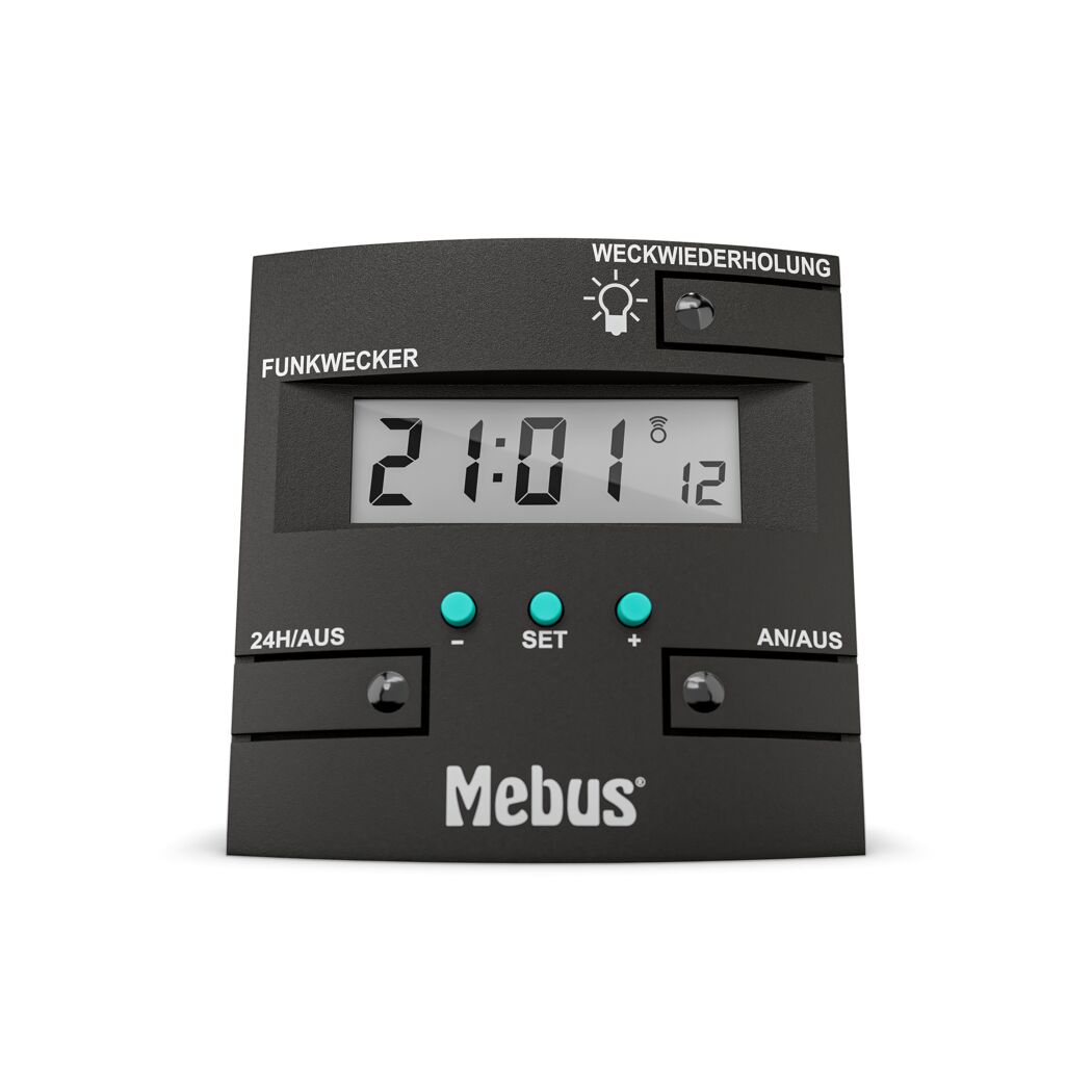 Digitaler Funkwecker von Mebus, Anzeige 21:01 Uhr, 12. Dezember