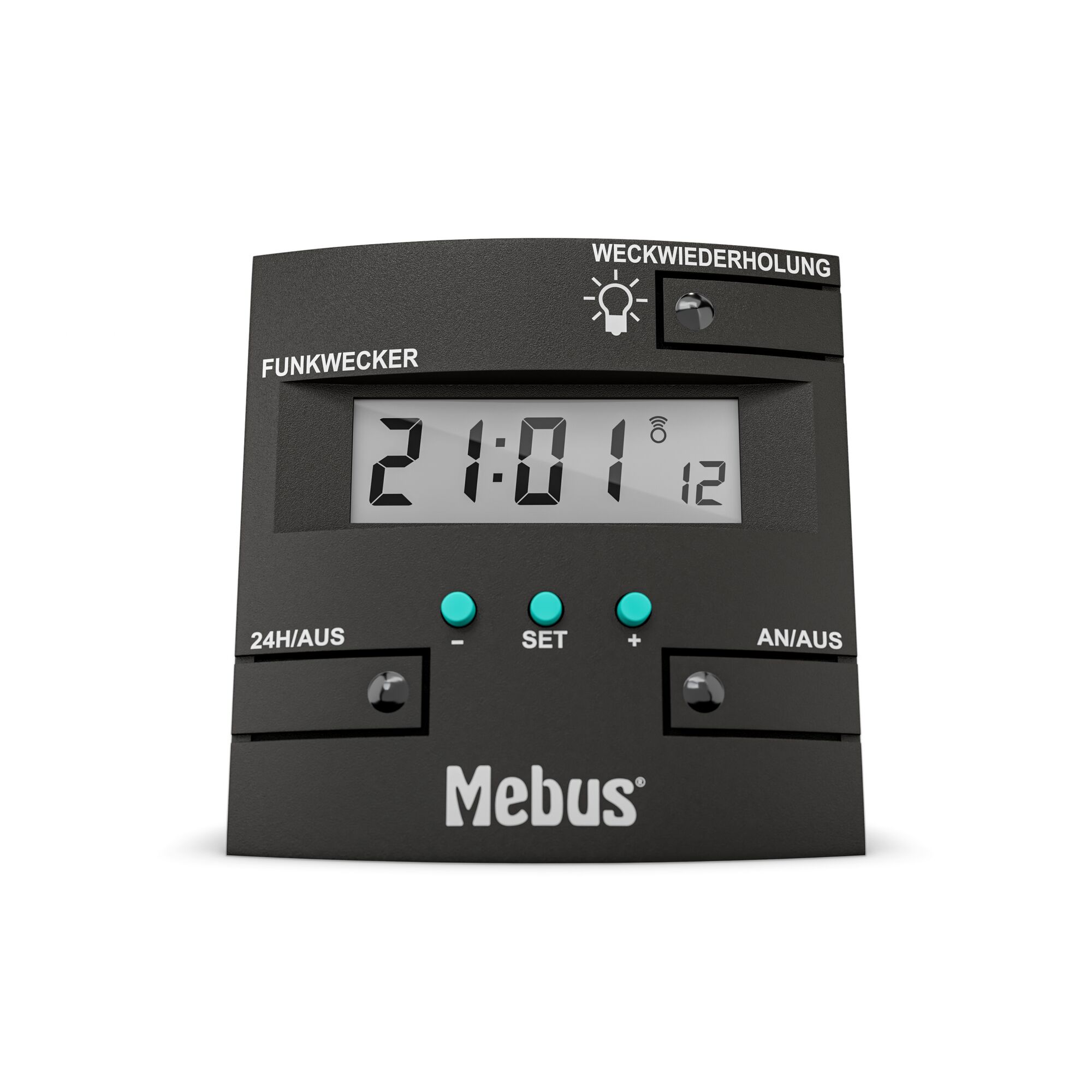 Digitaler Funkwecker von Mebus, Anzeige 21:01 Uhr, 12. Dezember