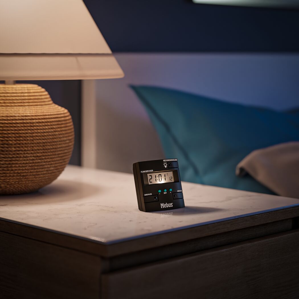 Digitaler Funkwecker von Mebus auf einem Nachttisch