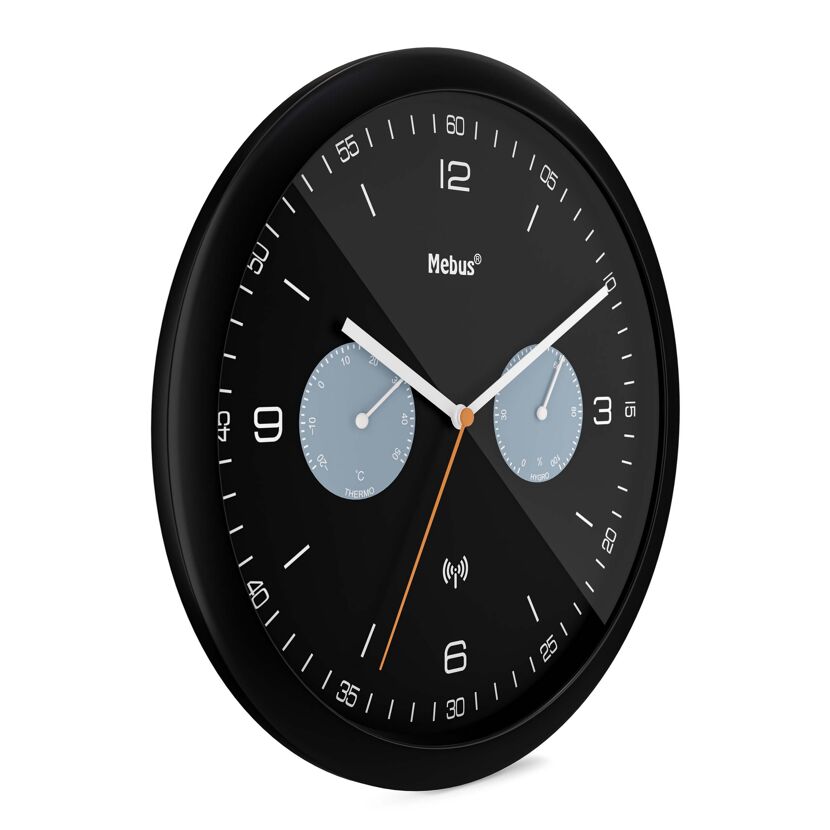 Schwarze Funkuhr mit Thermometer und Hygrometer