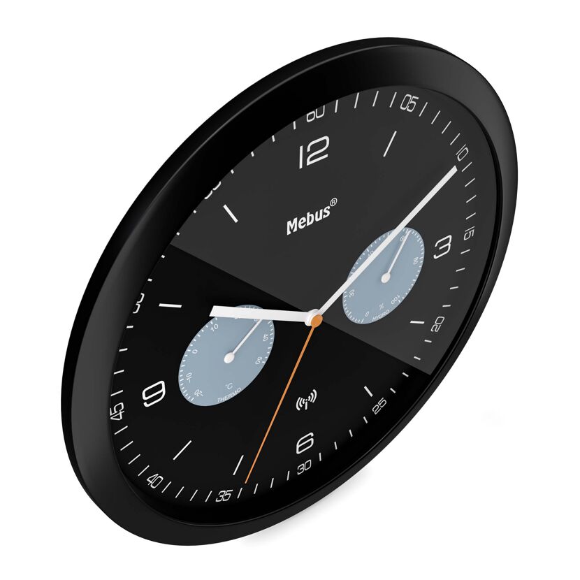 Schwarze Funkuhr mit integriertem Hygrometer und Thermometer