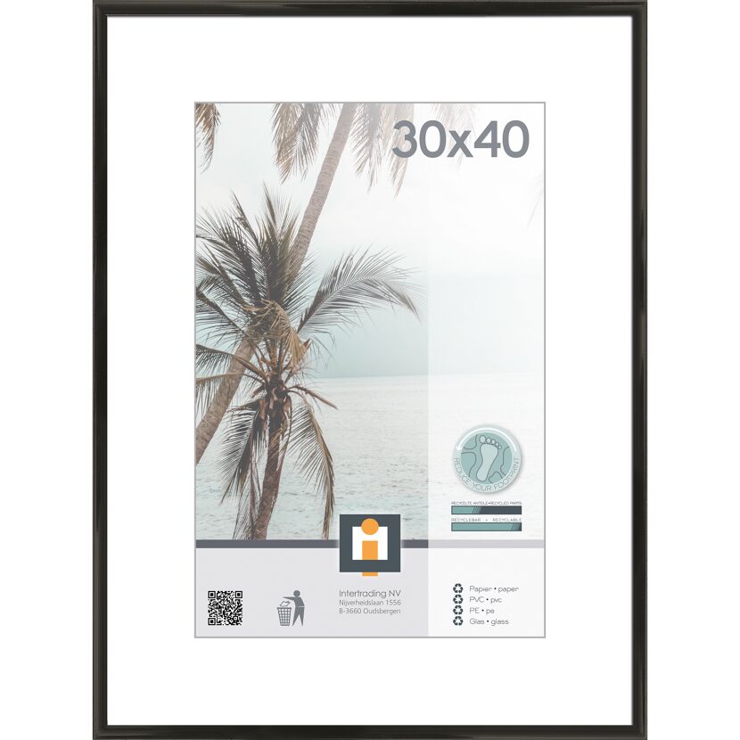Schwarzer Bilderrahmen mit Beispielbild Palmen am Strand