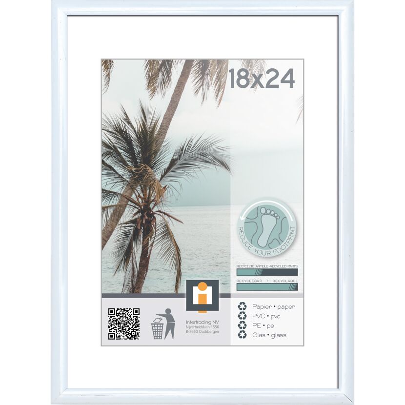 Weißer Bilderrahmen mit Foto von Palmen am Strand