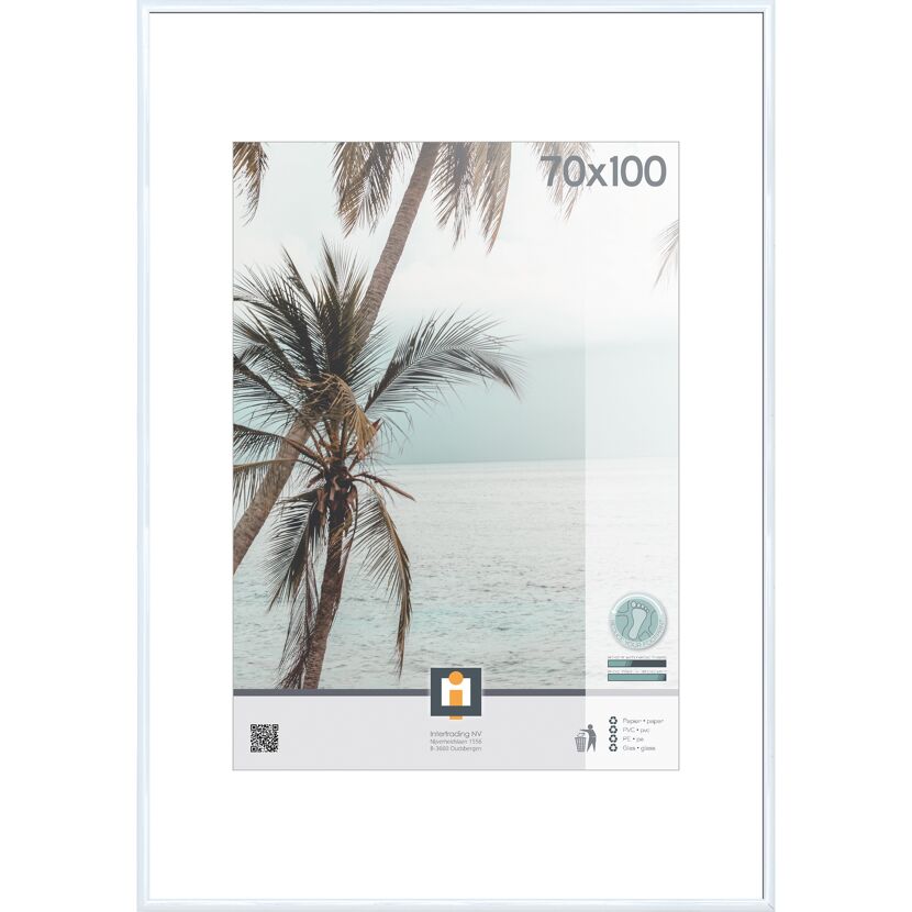 Weißer Bilderrahmen mit Bild von Palmen am Strand