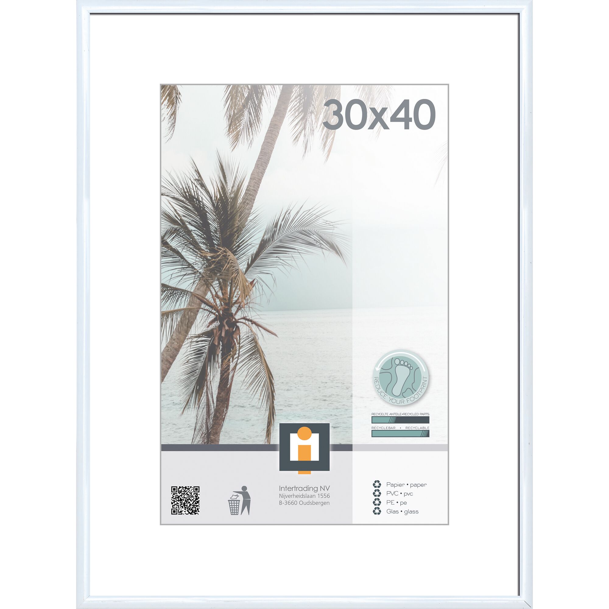 Weißer Bilderrahmen mit Beispielbild Palmen am Strand
