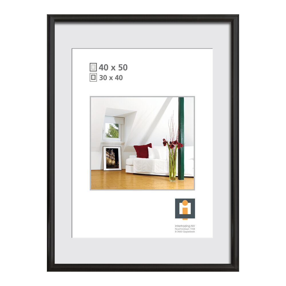 Schwarzer Kunststoffrahmen mit Passepartout für Bilder im Format 30 x 40 und 40 x 50 cm