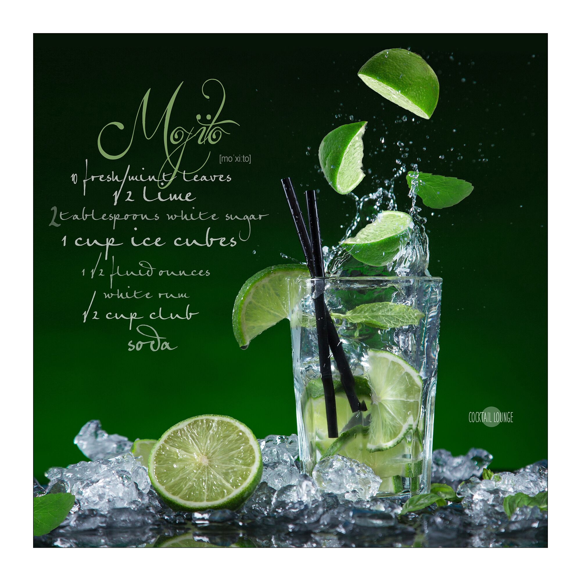 Glas mit Mojito, Limetten, Eis und Minze