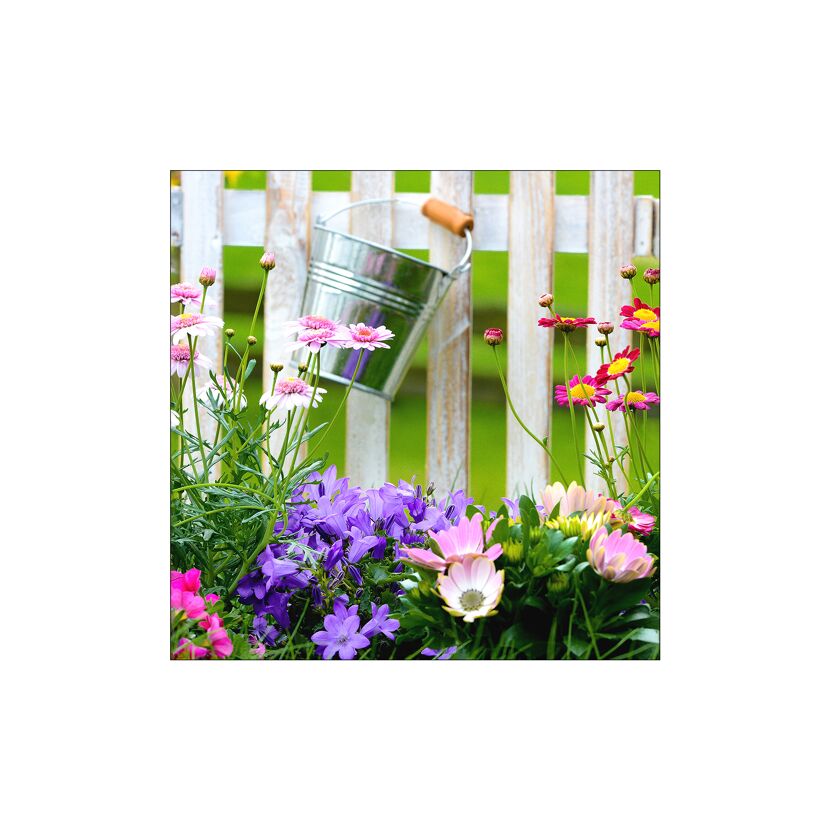 Blumen und ein Metalleimer an einem weißen Gartenzaun.