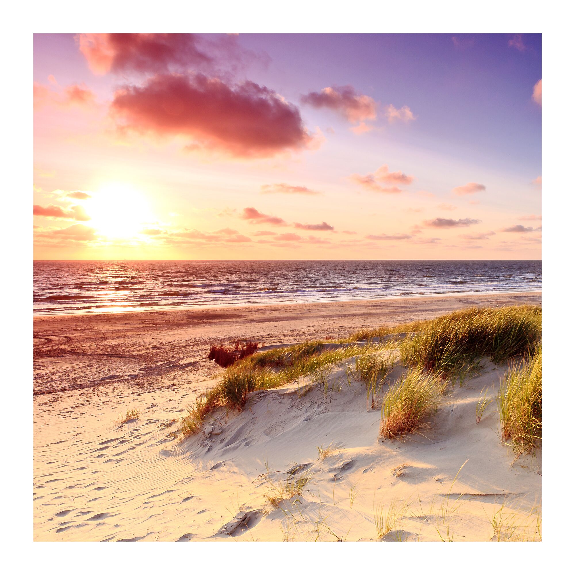 Sonnenuntergang am Strand mit Dünengras