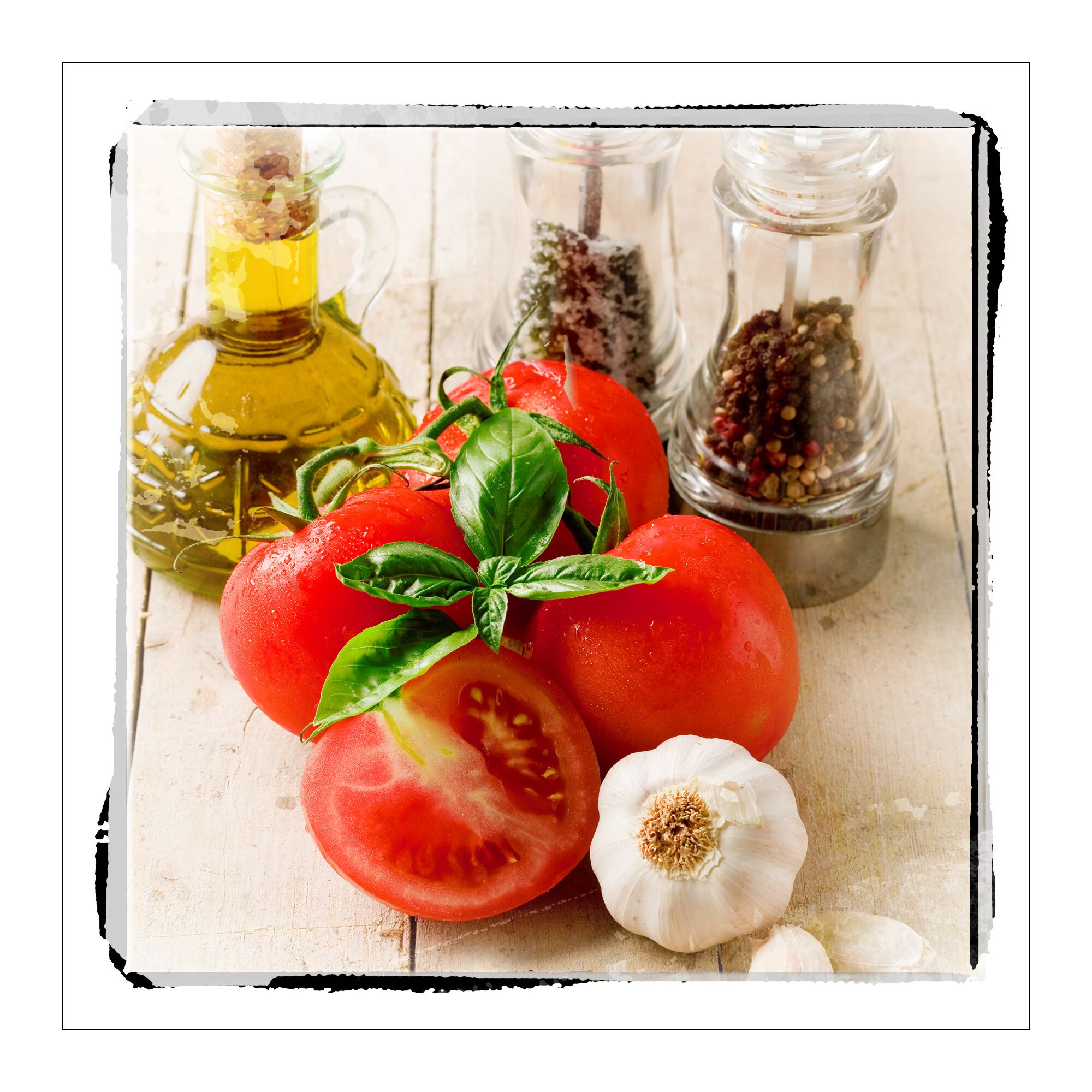 Tomaten, Knoblauch, Basilikum, Olivenöl und Pfeffer