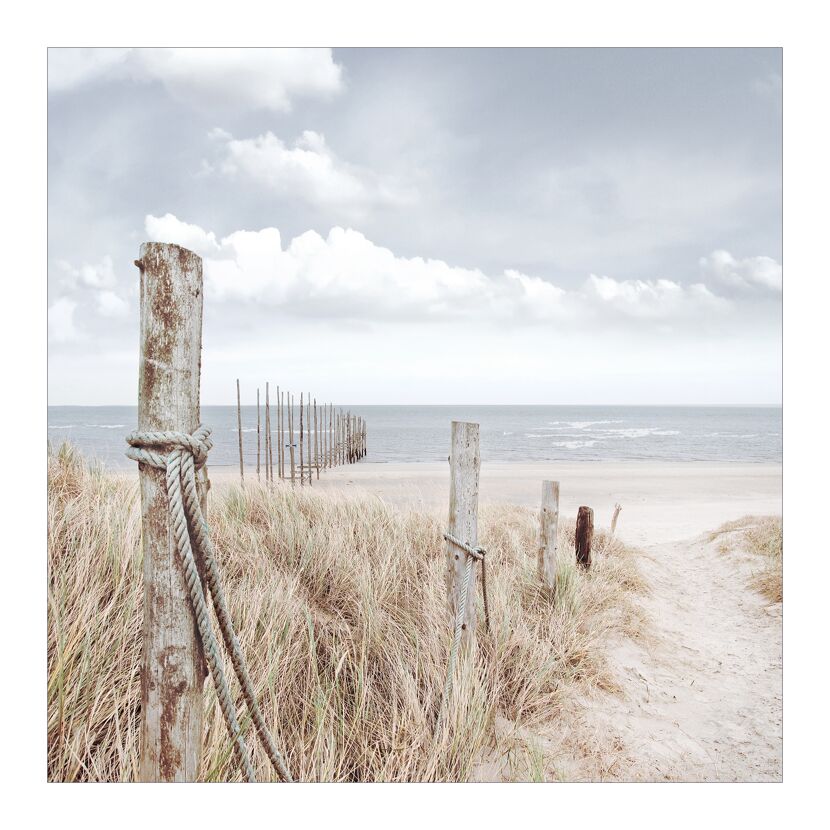 Sandweg mit Holzpfählen und Seil zum Meer