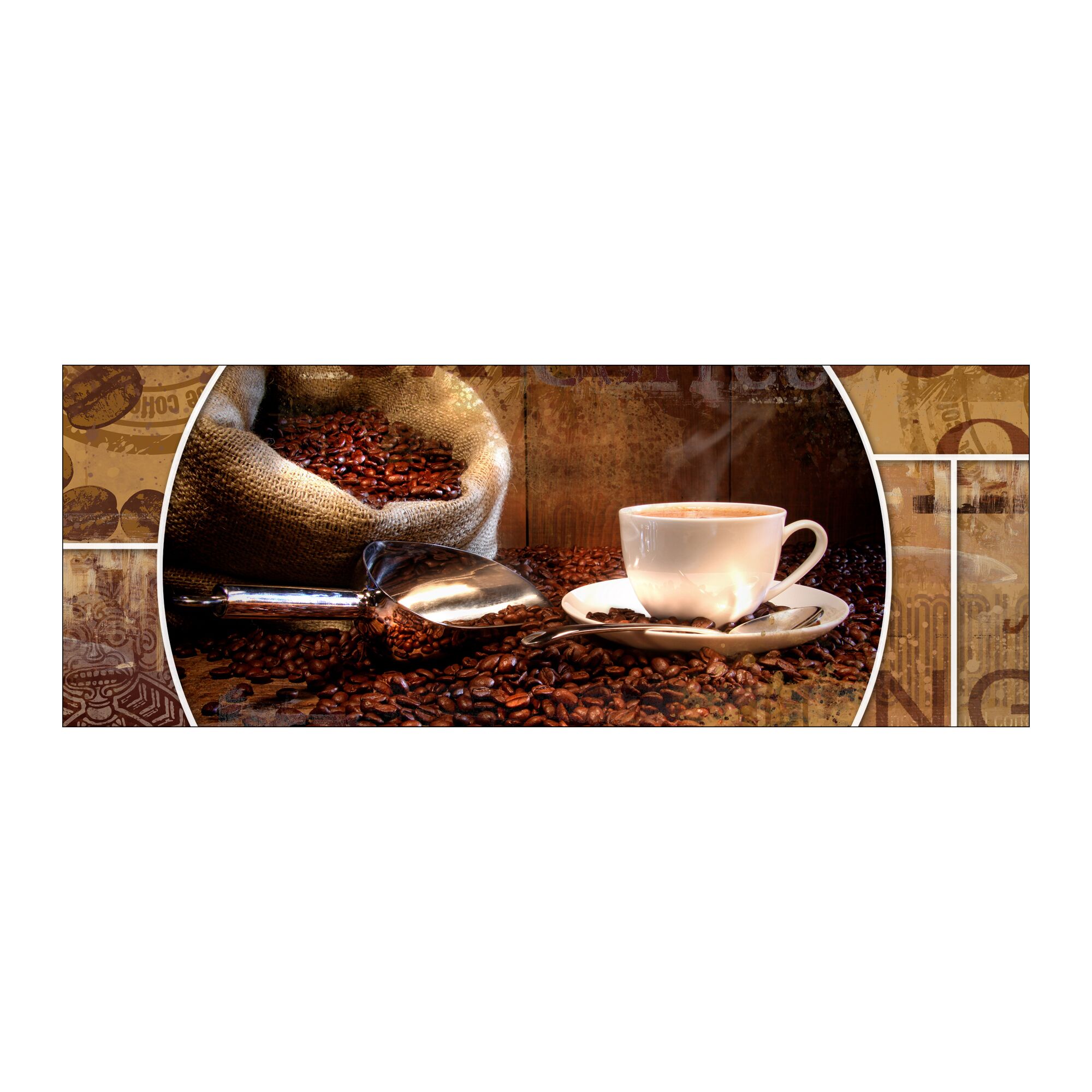 Tasse Kaffee, Kaffeebohnen, Schaufel und Jutesack