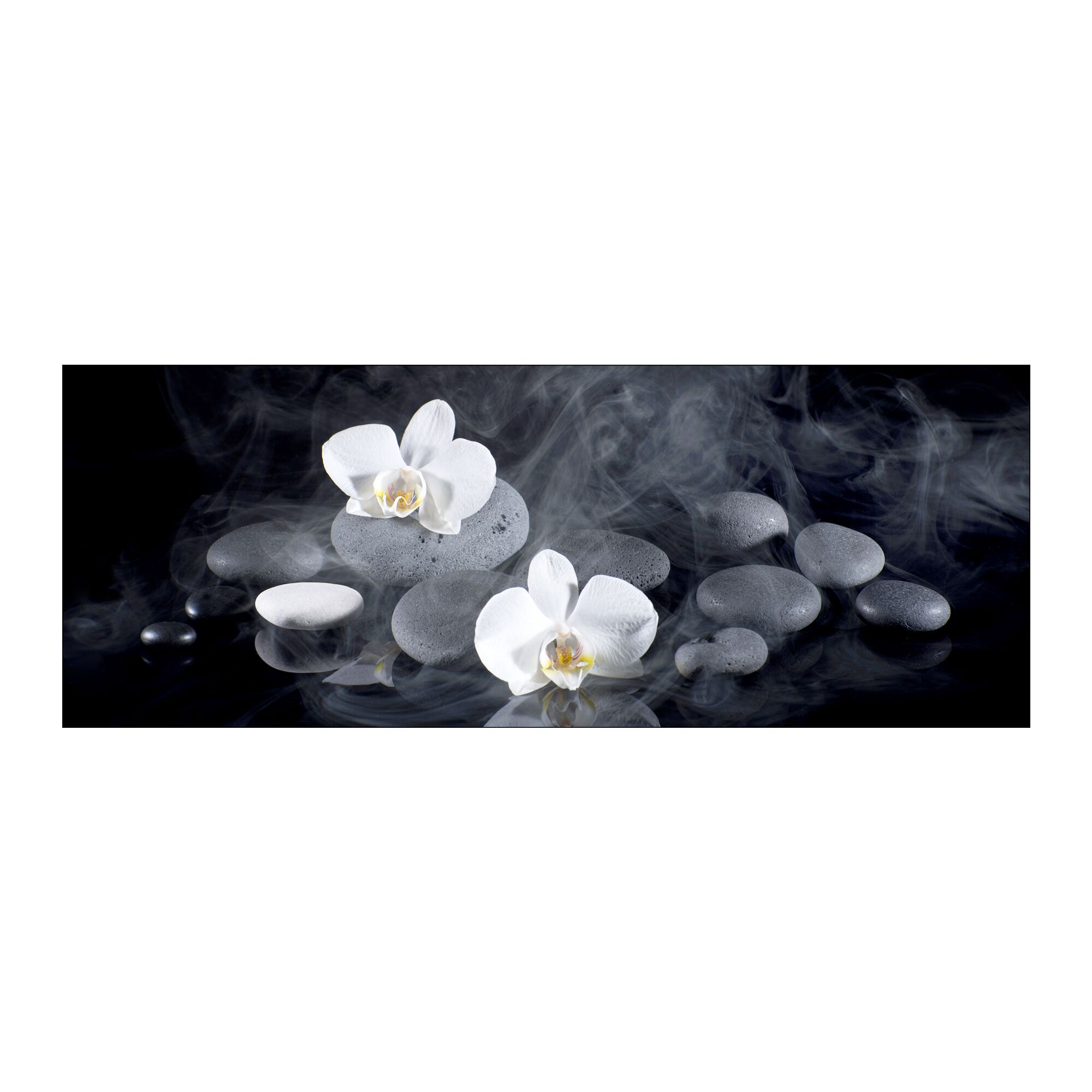 Zwei weiße Orchideenblüten und graue Steine auf schwarzem Grund mit Rauch