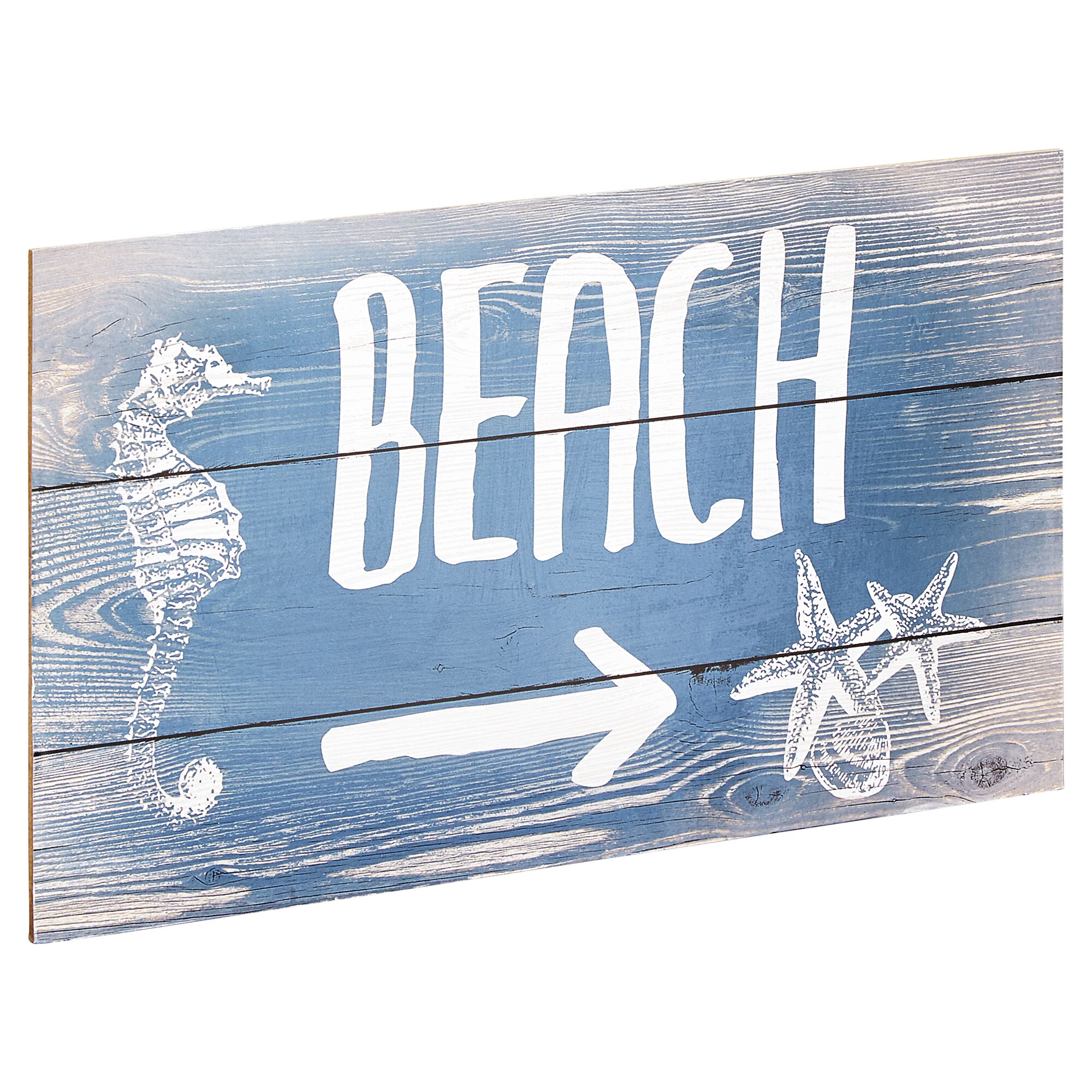 Blaues Holzschild mit der Aufschrift "Beach", Seepferdchen und Seestern.