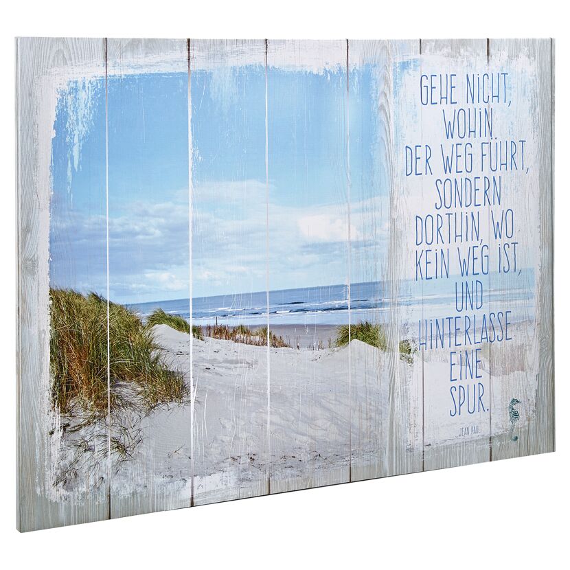 Sandstrand mit Dünen und Meer. Text: Gehe nicht, wohin der Weg führt.