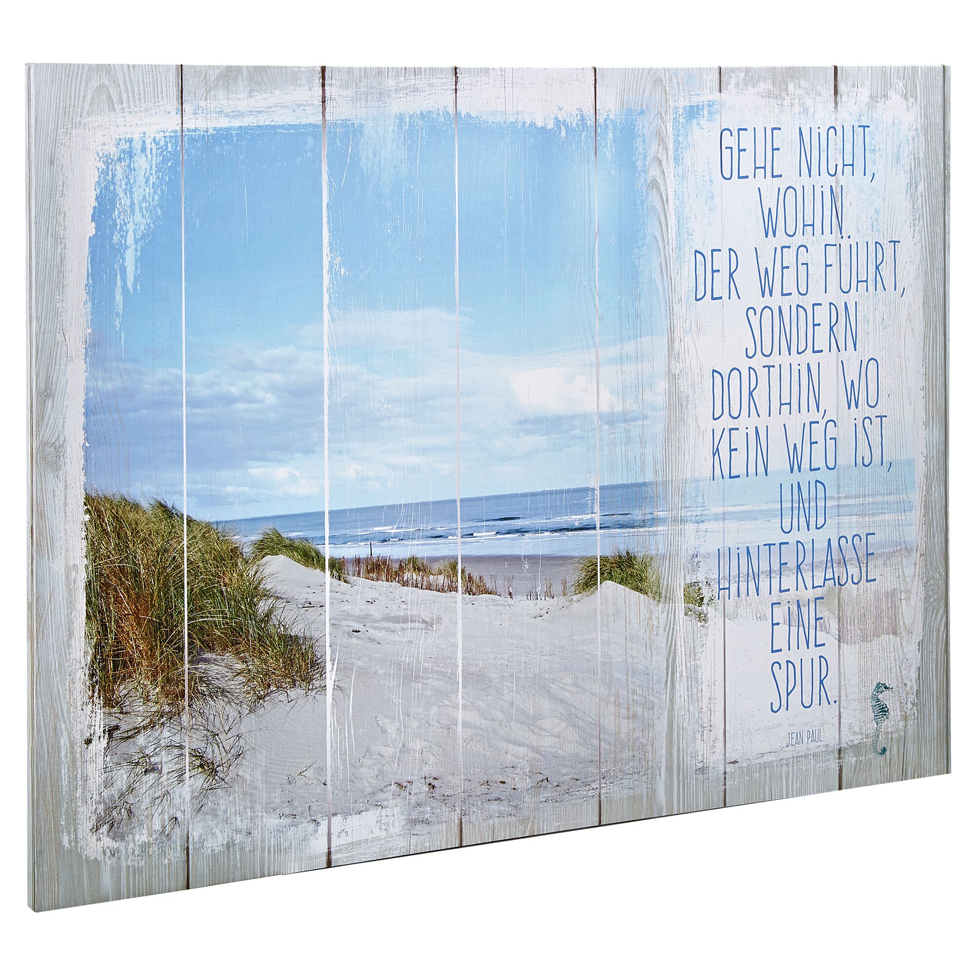 Sandstrand mit Dünen und Meer. Text: Gehe nicht, wohin der Weg führt.