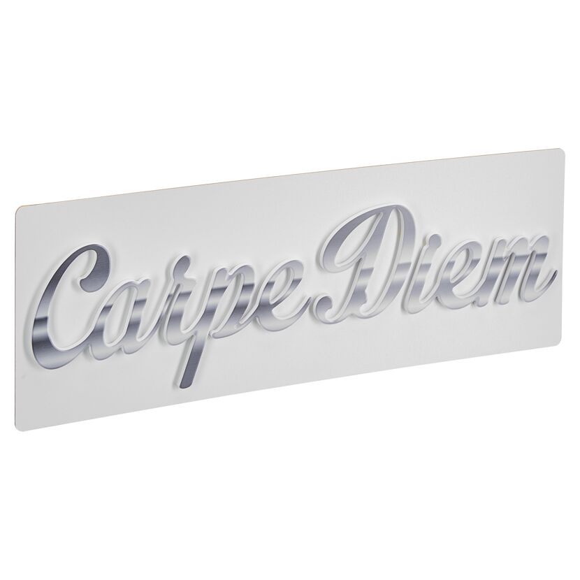 Weiße Wanddekoration mit silbernem Schriftzug "Carpe Diem"