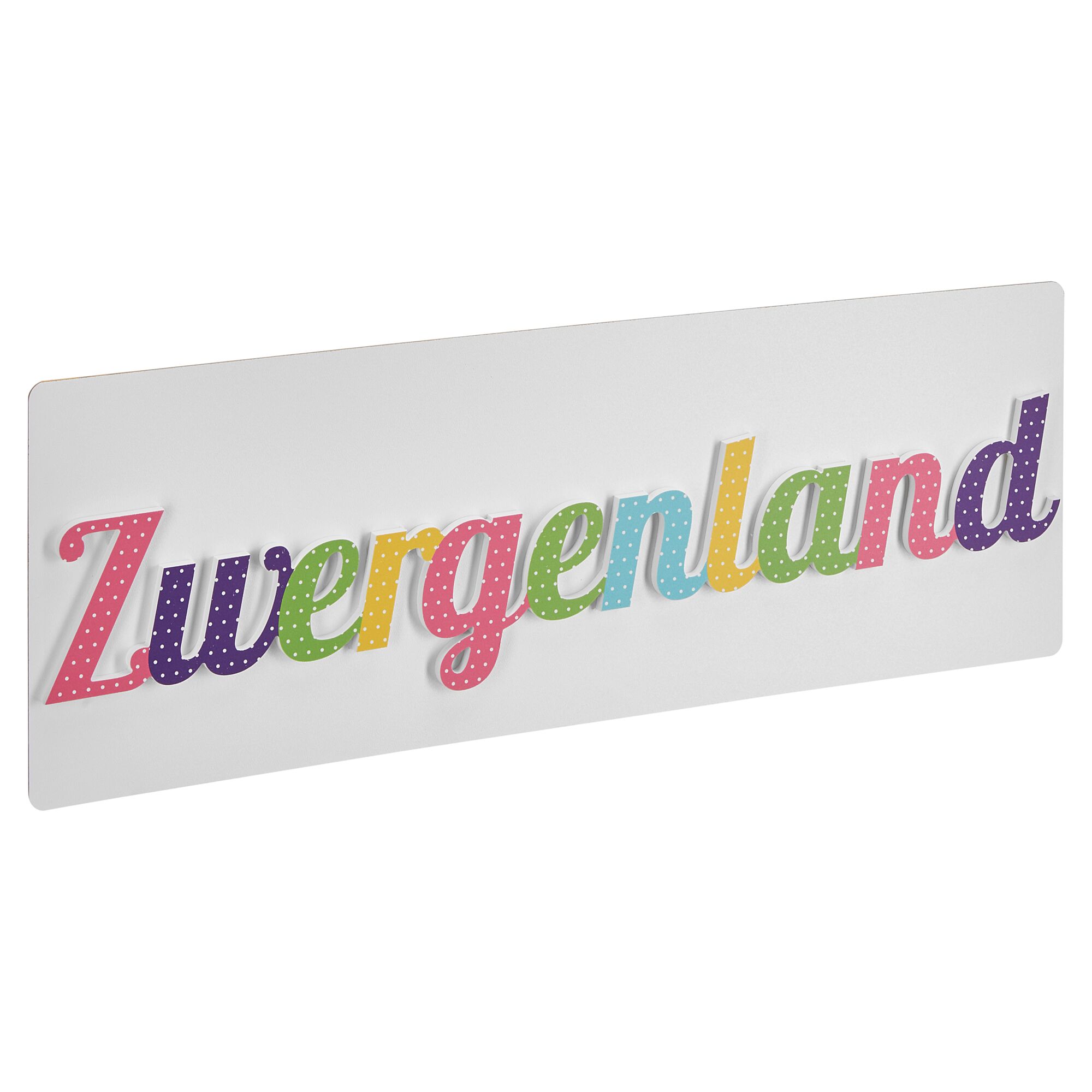Schild Zwergenland mit bunten Buchstaben und Punkten
